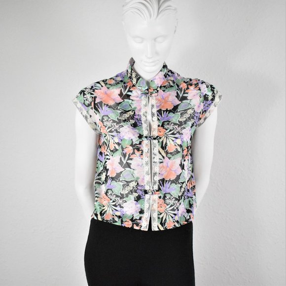 Vintage Mandarin Style Sheer Floral Crop Top - Picture 1 of 7
